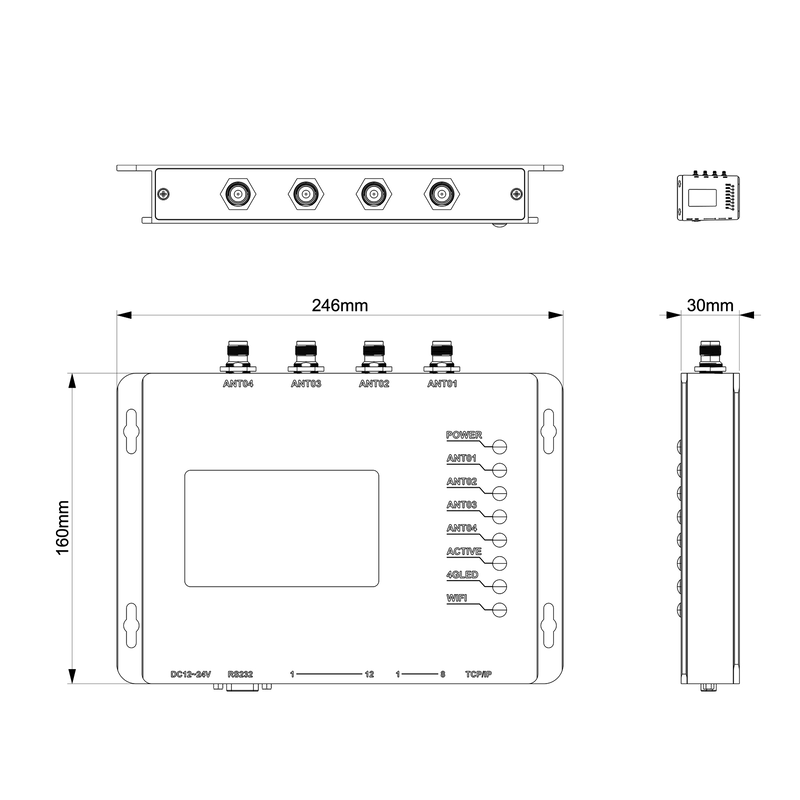 Esta imagem mostra o desenho dimensional do leitor fixo JT-928 UHF RFID com medidas de largura; altura e espessura.