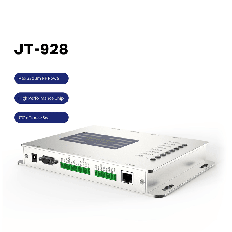 Esta imagem mostra o leitor fixo JT-928 UHF RFID em um ângulo frontal baixo; com blocos de terminais RS232 e portas TCP IP visíveis.