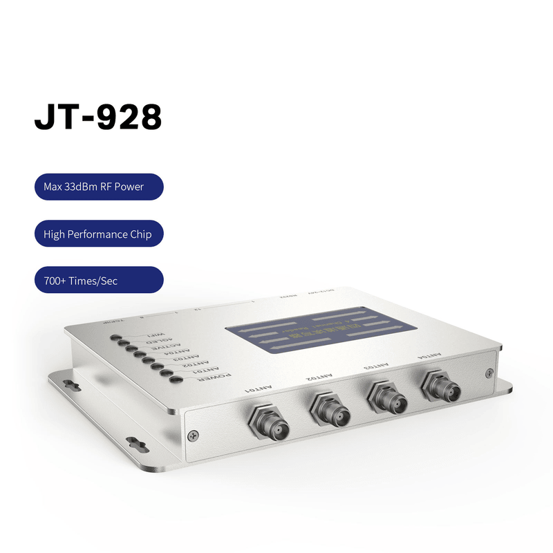 Esta imagem mostra uma vista em ângulo do leitor fixo JT-928 UHF RFID destacando as quatro portas de antena e as luzes indicadoras frontais.