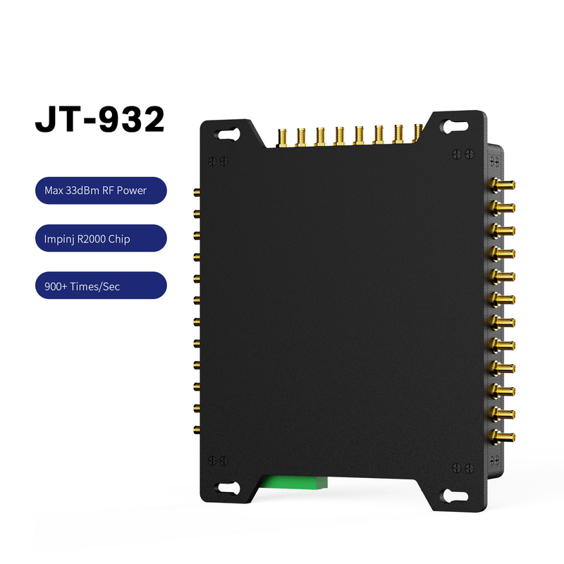 Esta imagem mostra a vista traseira do leitor fixo JT-932 UHF RFID; com abas de montagem e fileiras de conectores de antena visíveis em ambos os lados.
