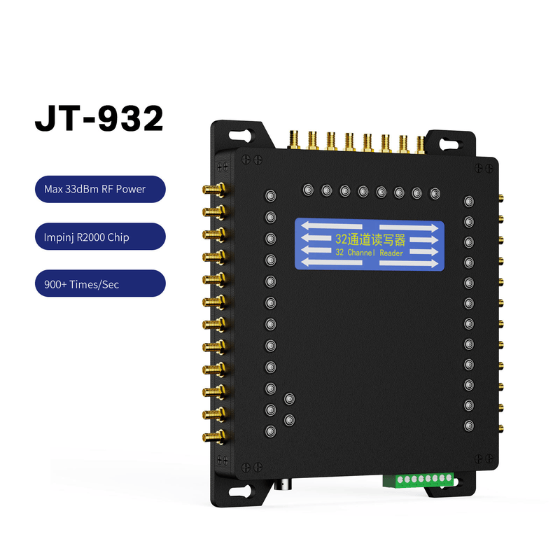 Esta imagem mostra uma vista frontal em ângulo do leitor fixo JT-932 UHF RFID; com vários conectores de antena em ambos os lados e na parte superior.