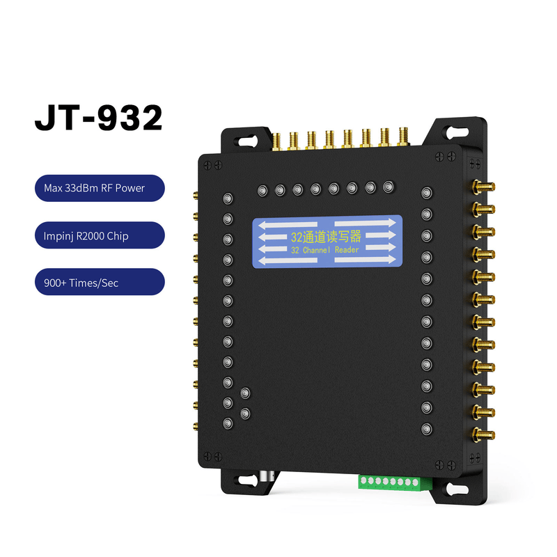 Esta imagem mostra a vista frontal do leitor fixo JT-932 UHF RFID; com fileiras de conectores em três lados e um bloco de terminais verde na parte inferior.
