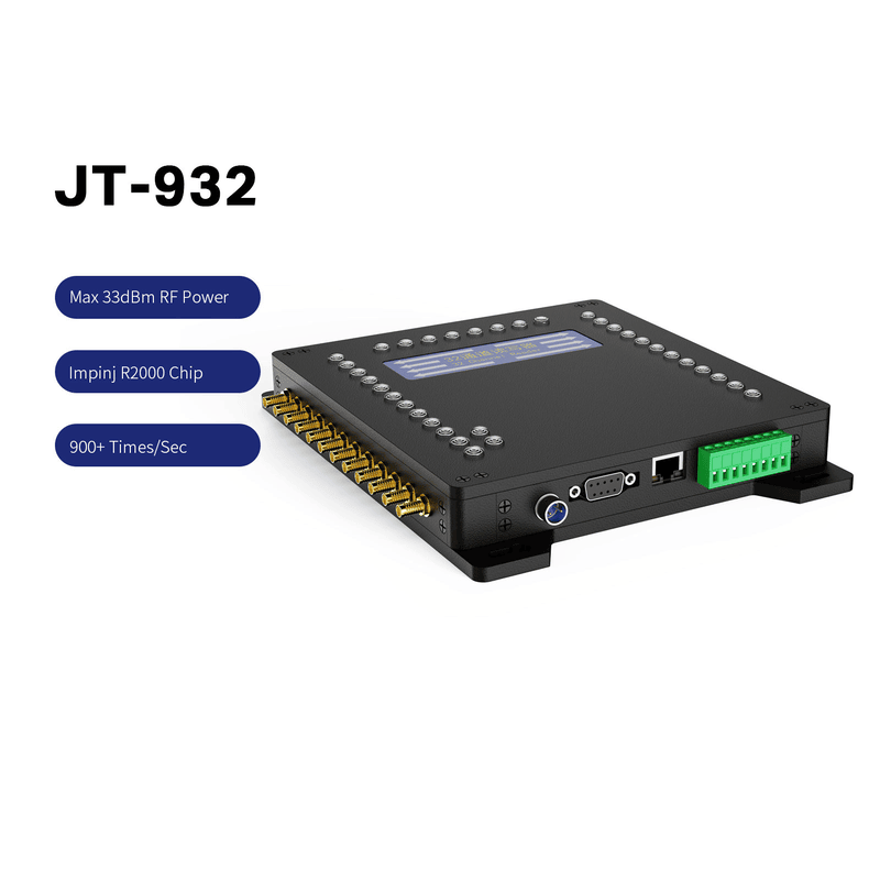 Esta imagem mostra o leitor fixo JT-932 UHF RFID pelo lado da interface; com conector de alimentação; porta serial; porta LAN e bloco de terminais verde.