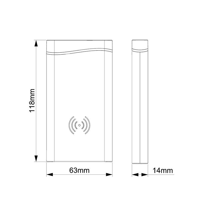 O desenho dimensional do leitor móvel UHF RFID JT-2890 mostra os perfis frontal e lateral com medidas indicadas de 118 mm por 63 mm por 14 mm.