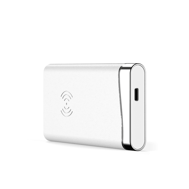 O leitor móvel UHF RFID JT-2890 é mostrado de lado; com a porta de carregamento visível na borda arredondada do dispositivo.
