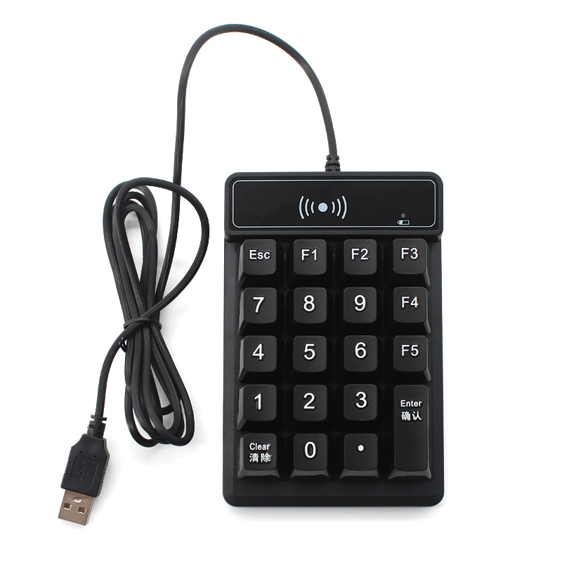 A foto mostra o leitor de teclado RFID HF R98C de frente; com o cabo USB ao lado para rápida instalação em mesa.