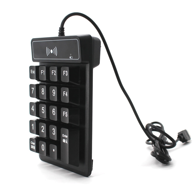 A foto lateral em pé mostra a espessura do leitor de teclado RFID HF R98C e a altura das teclas; com o cabo USB saindo atrás.