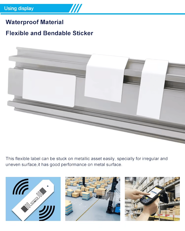 Imagem destacando logotipo gravado em etiqueta RFID UHF flexível para rastreamento de contêineres em aplicações de tags RFID UHF flexíveis para metal.