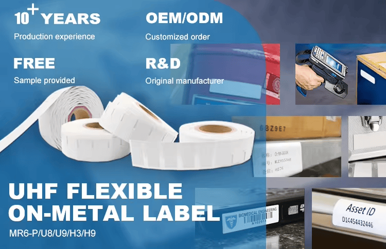 Etiqueta RFID UHF flexível para rastreamento de contêineres com detalhe de corte a laser, indicada para soluções de tags RFID UHF flexíveis para metal.