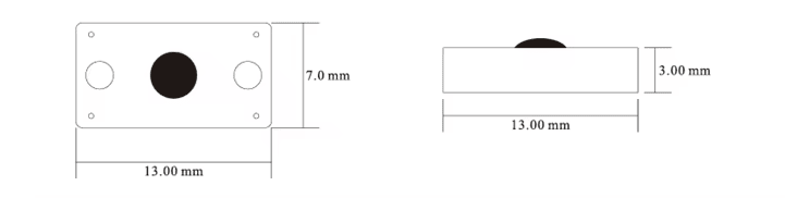 Desenho dimensional da tag RFID PCB para metal P1307-1, com 13 mm de comprimento, 7 mm de largura e 3 mm de espessura.