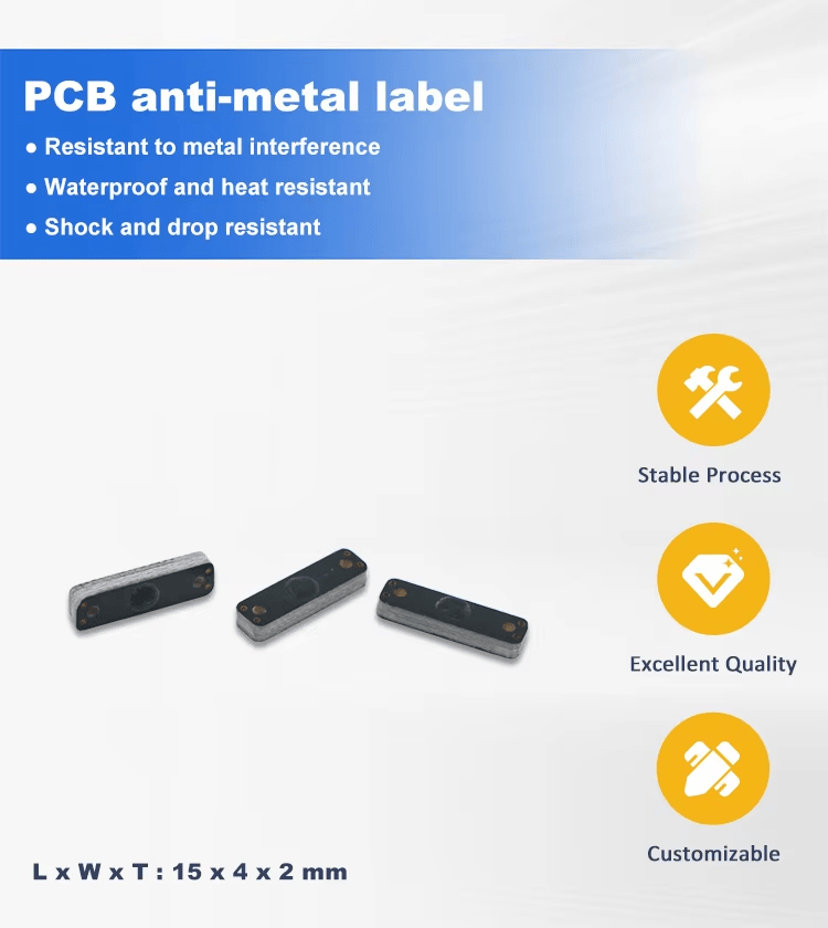 O pôster de características apresenta a tag RFID PCB antimetal P1504-1, com alegações de resistência à interferência metálica, à água e a impactos.