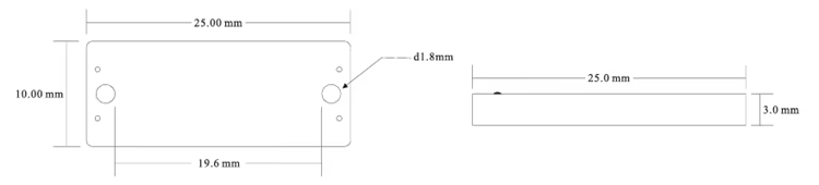 Desenho técnico da tag RFID P2510-2 com comprimento, largura e espaçamento dos furos.