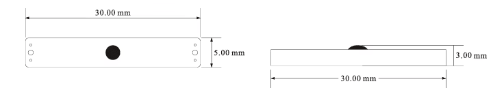 O desenho técnico da tag RFID P3005-3 apresenta as medidas exatas de 30x5x3mm para o planejamento da instalação.