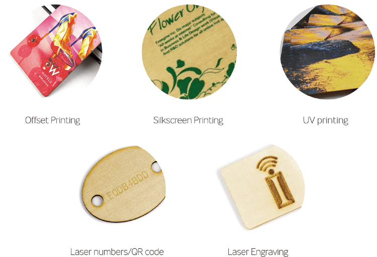 Apresentação de opções de impressão personalizada, incluindo serigrafia e impressão CMYK para aplicação de identidade visual corporativa em cartões de bambu