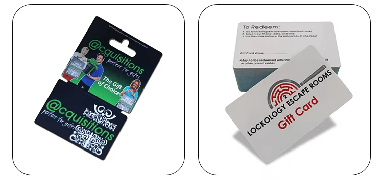 Cartões-presente plásticos personalizados para identidade de marca empresarial exibidos com foco no design personalizado para projetos de Cartões plásticos.