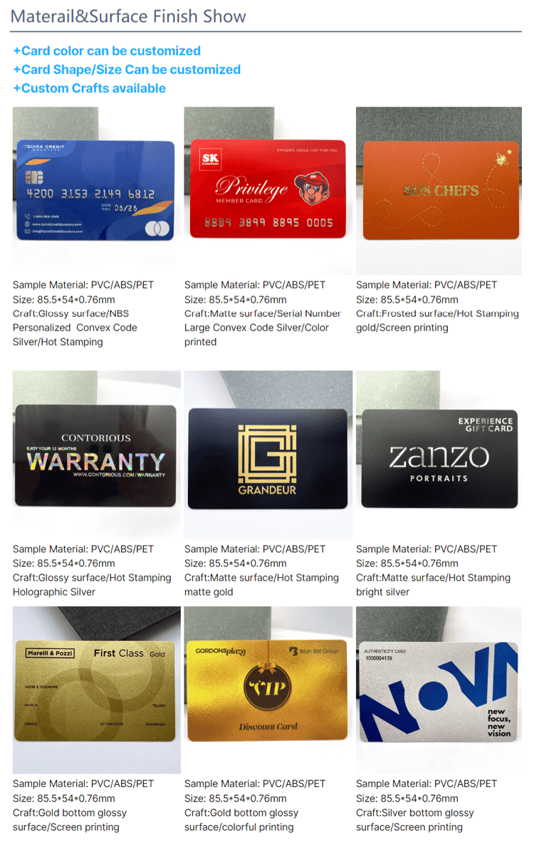 Cartões plásticos Hot Stamp para identidade visual VIP apresentados em uma perspectiva nítida de leitura sem contato para aplicações de cartões plásticos.