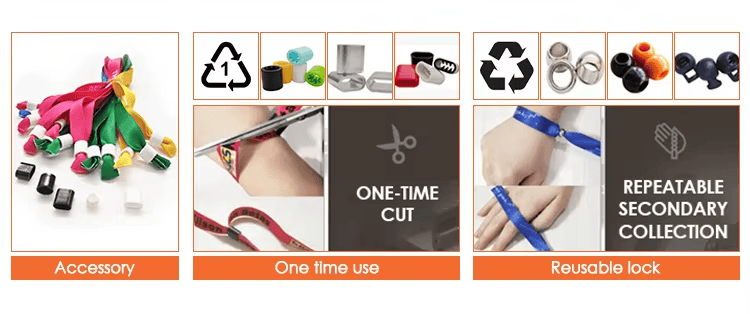 Pulseira RFID de tecido personalizada com logotipo impresso para divulgação da marca do evento.