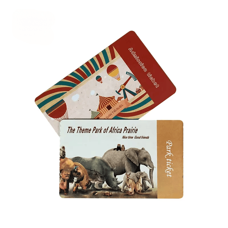 Bilhetes RFID com design temático de parque, produzidos em papel personalizado para uma verificação segura da identidade nos pontos de entrada.