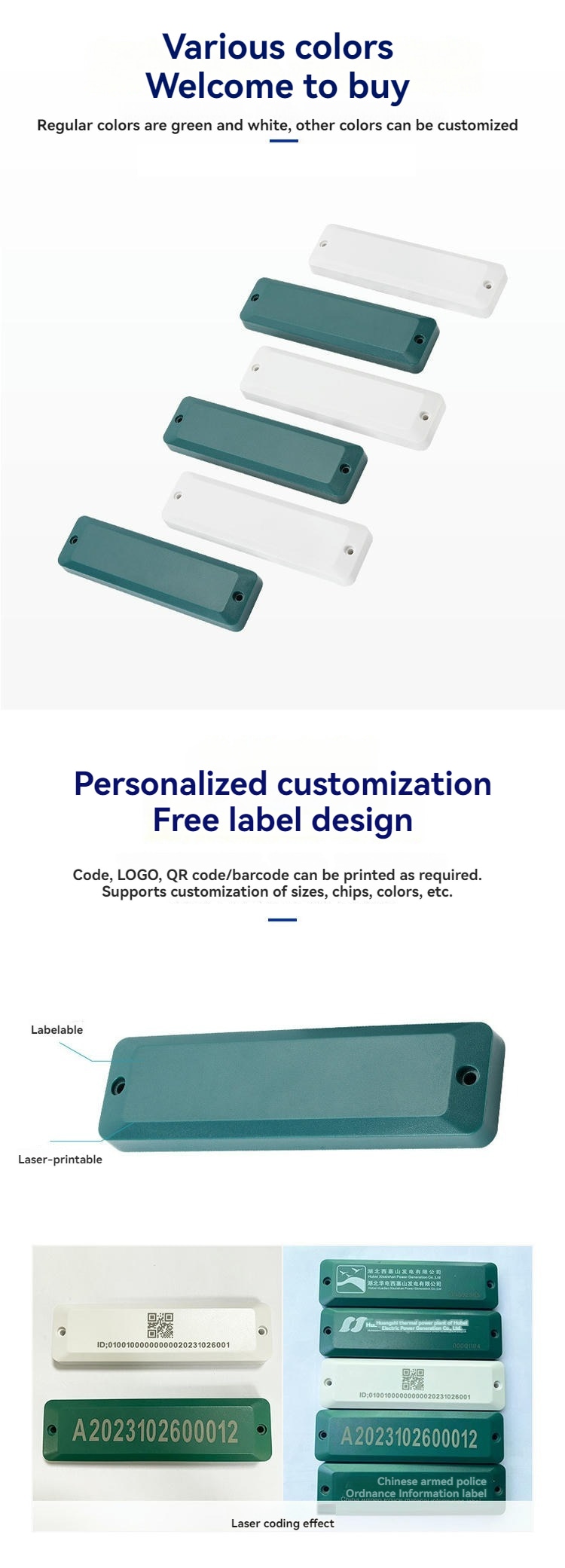 Etiqueta RFID ABS para metal exibida com foco em logotipo gravado para projetos personalizados.