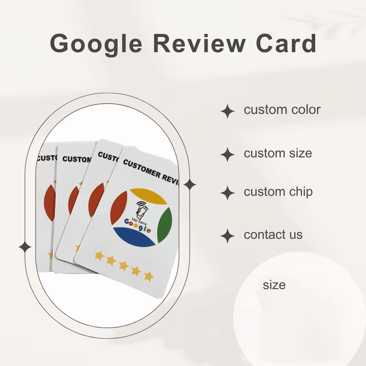 O design traseiro do cartão de avaliação do Google mostra instruções simples para que clientes avaliem sua experiência