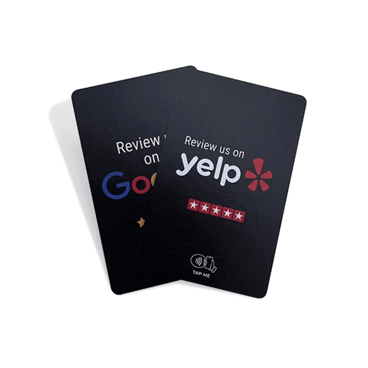 Demonstração de como os clientes simplesmente aproximam o smartphone do cartão de avaliação do Google para abrir a página de classificação imediatamente
