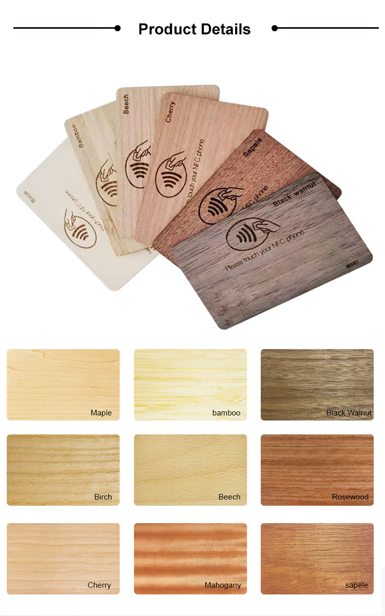 Cartões RFID de bambu personalizados para identidade visual, mostrados com foco no logotipo impresso para aplicações Cartões de madeira.