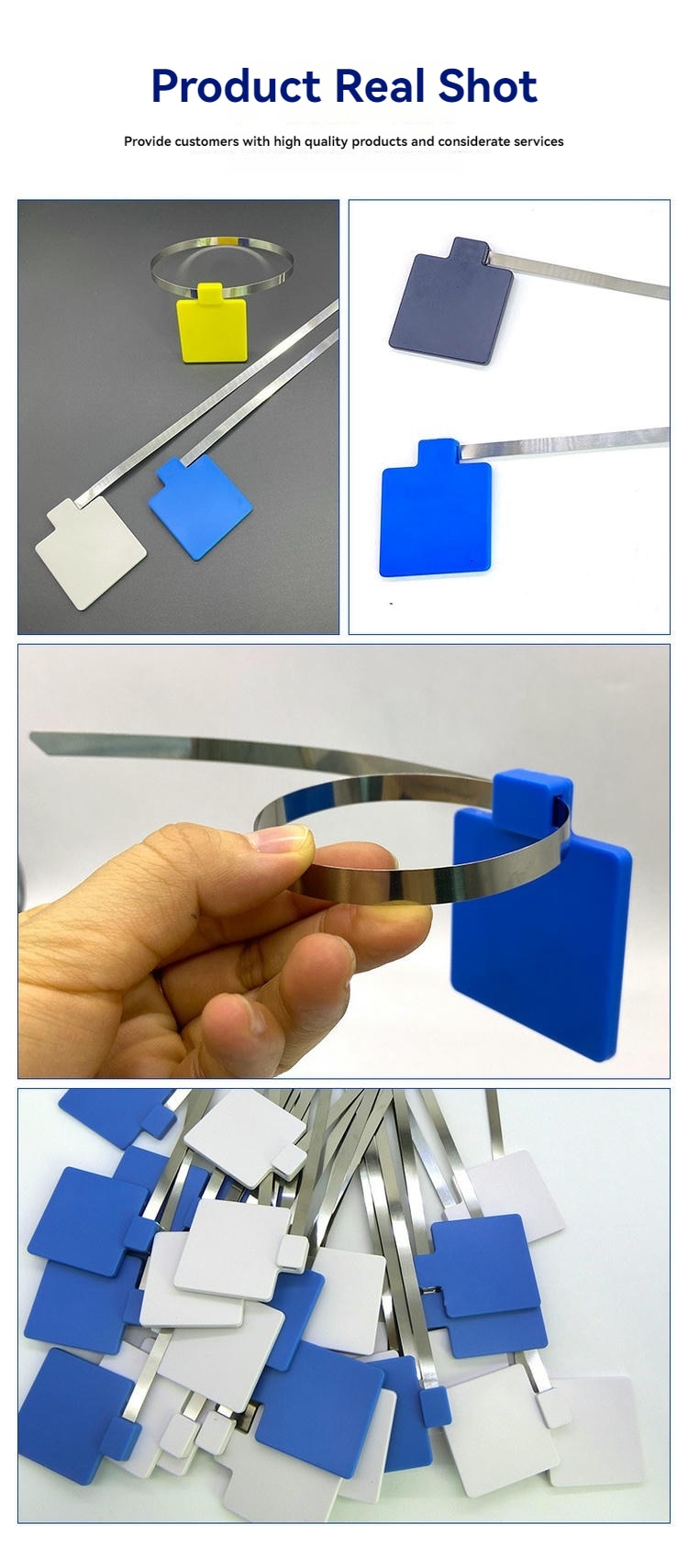 Foto da etiqueta RFID reutilizável tipo abraçadeira para identificação de cabos industriais, mostrando uso em rastreamento de contêineres na categoria RFID Cable Tie Tags.