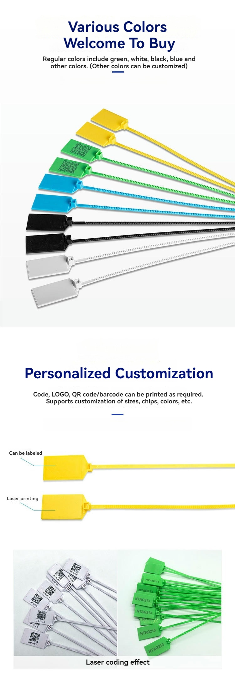 Infográfico de personalização da abraçadeira RFID modelo Z32827-1 com opções de cores, gravação a laser e codificação de ativos.