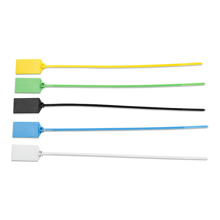 Fileira de tags RFID com lacre tipo enforca-gato modelo Z32827-1 estendidas em várias cores mostrando lacres de comprimento total para rastreamento seguro de ativos.