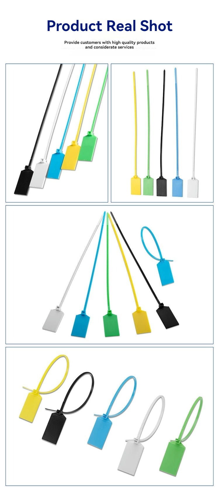 Imagens reais da abraçadeira RFID modelo Z32827-1 em diversas cores, ângulos e posições de fixação para identificação.