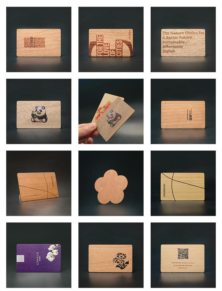 Cartões premium em madeira sapele com estampagem dourada que realça a tonalidade profunda do material