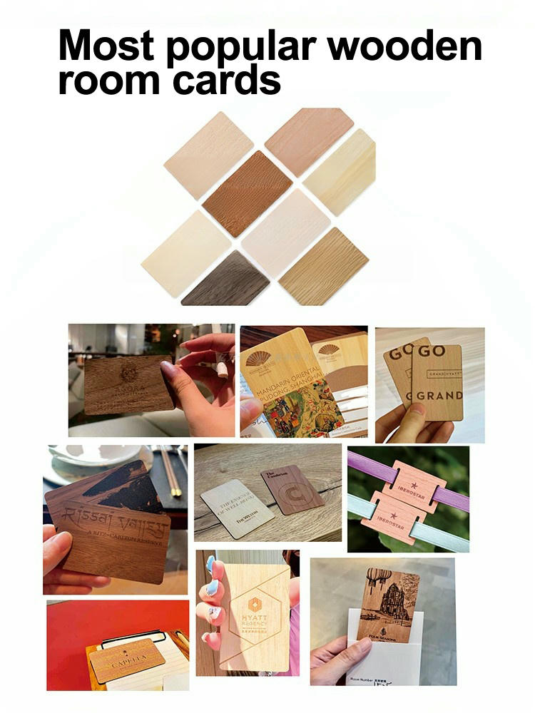 Conjunto de cartões de madeira de tília personalizados com logotipos e dados de contato gravados.