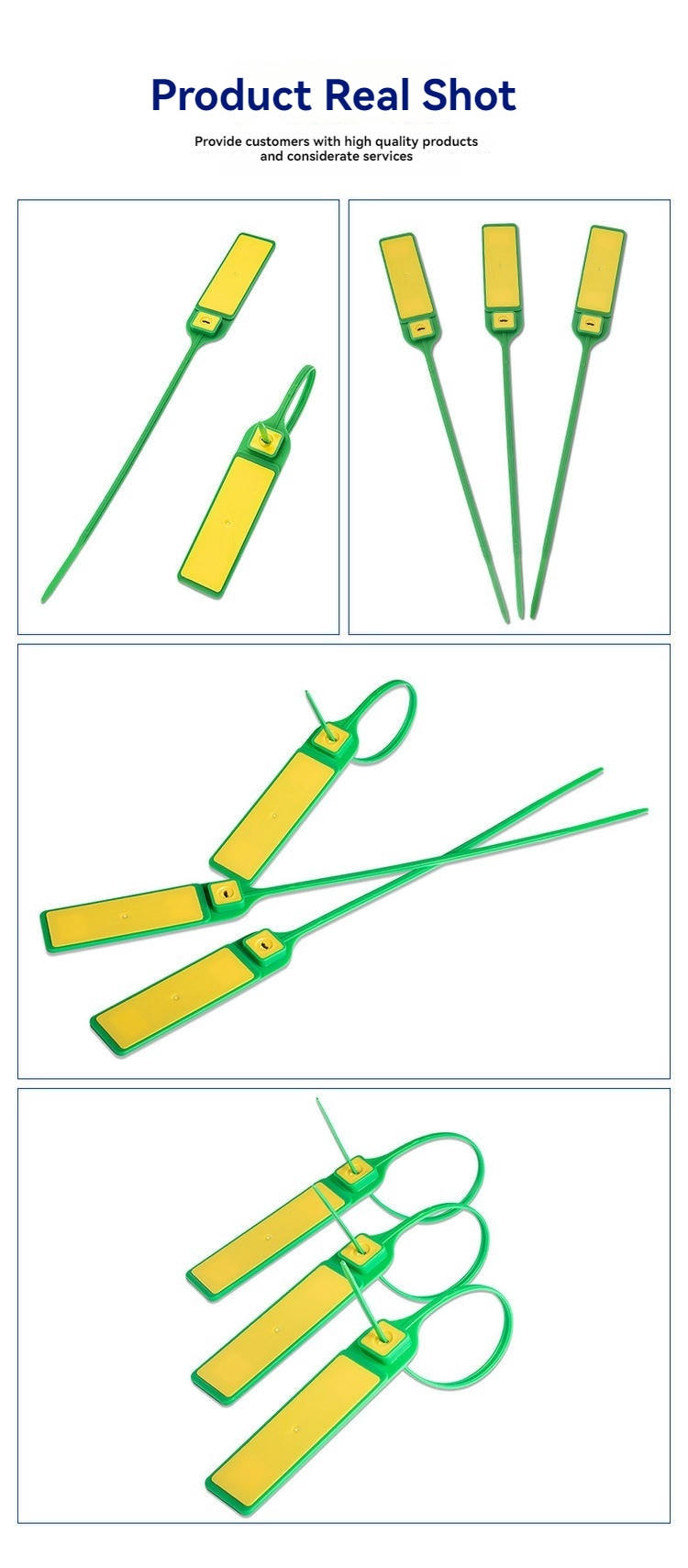Montagem de fotos reais mostra o lacre RFID com abraçadeira modelo Z33230-2 em diferentes ângulos, incluindo a versão fechada e a tira estendida.