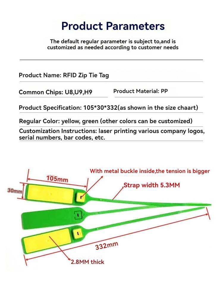 Ficha técnica do lacre RFID com abraçadeira modelo Z33230-2, com material PP, chips U8, U9 e H9 e diagrama de comprimento de 332 mm.