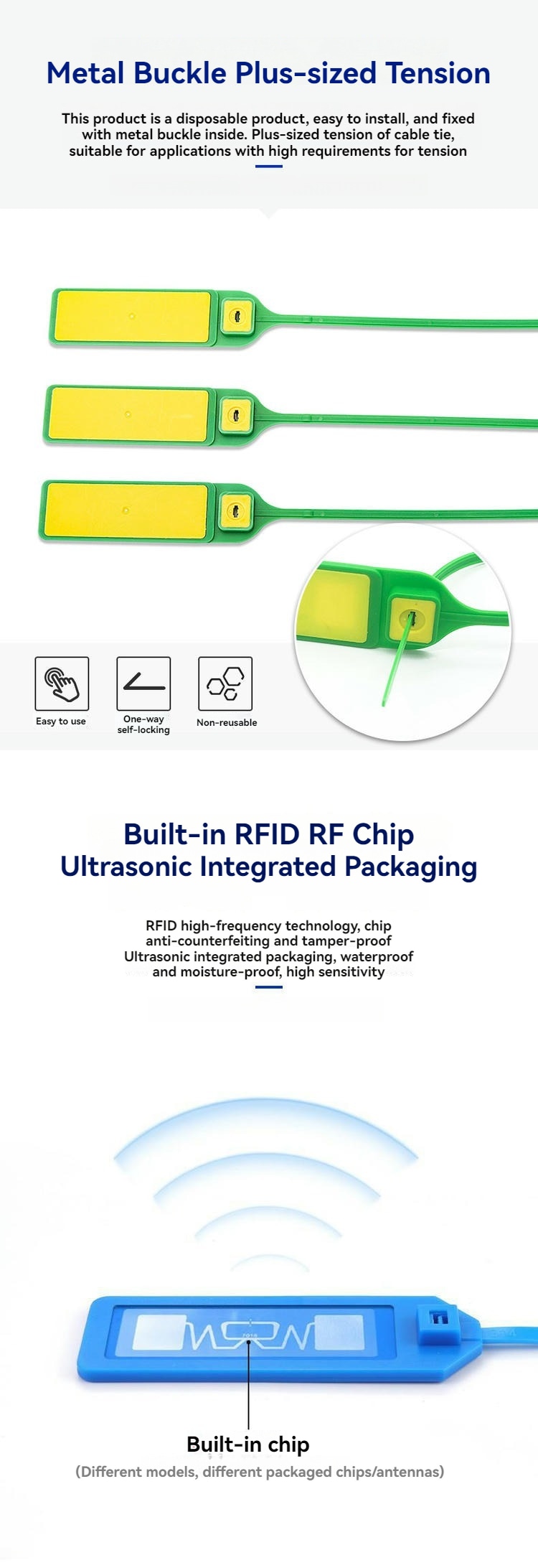 Infográfico explica a resistência da trava metálica do lacre RFID com abraçadeira modelo Z33230-2 e mostra o encapsulamento interno do chip RF.