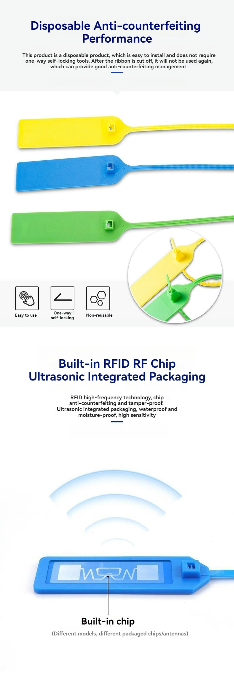 Etiqueta RFID UHF de abraçadeira apresentada sobre superfície metálica para aplicações RFID Cable Tie Tags.