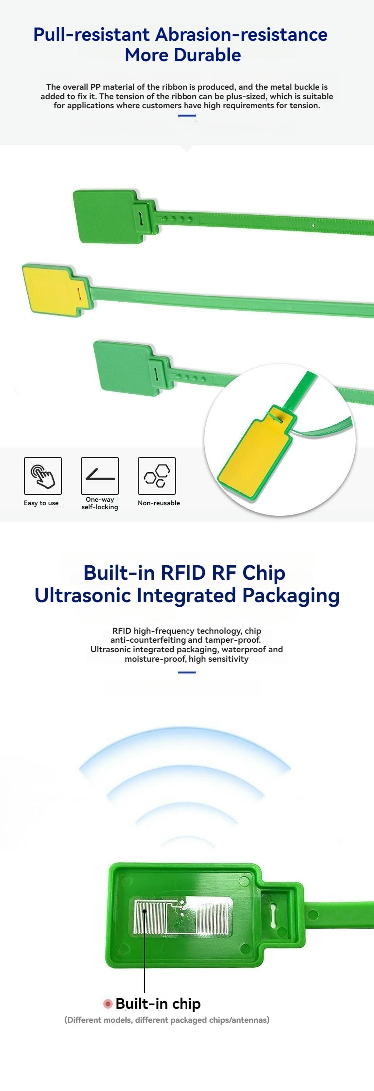 Infográfico destaca a resistência à tração e o encapsulamento do chip RFID integrado à cabeça da etiqueta com abraçadeira modelo Z33230-1.