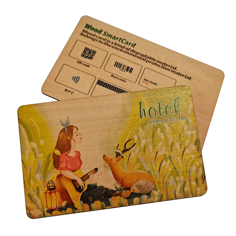Foto de Cartões de Casamento em Madeira com RFID mostrando impressão personalizada de cartões na categoria Cartões de madeira.