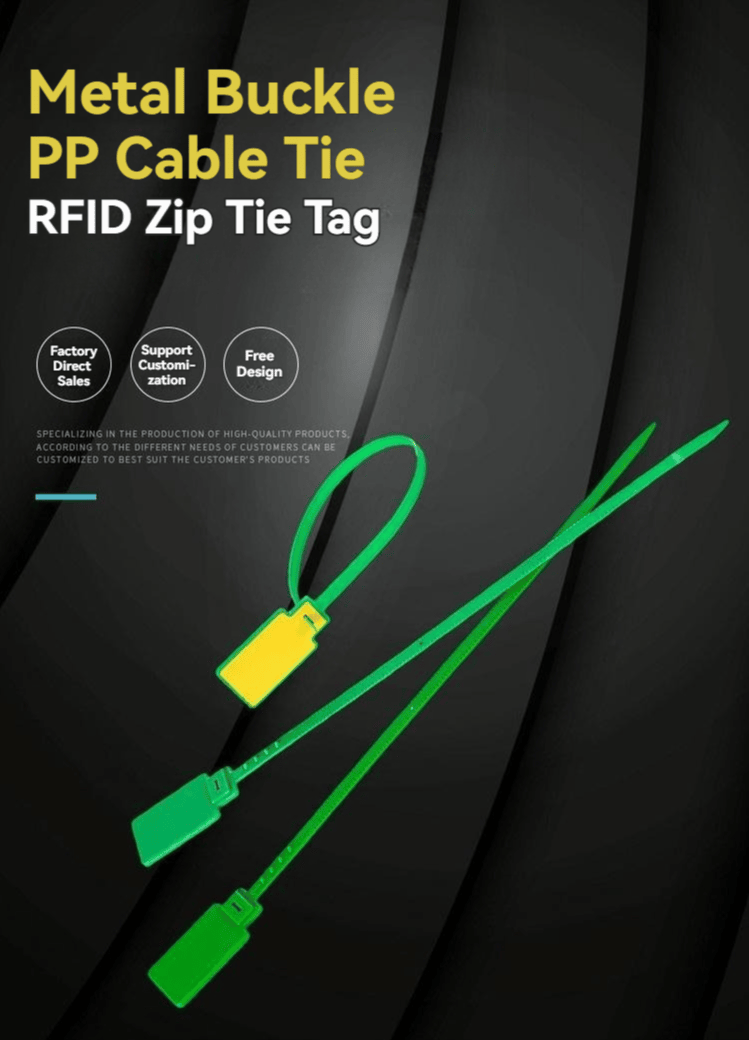 Banner apresenta a etiqueta RFID com abraçadeira de PP e fivela metálica modelo Z33230-1 nas posições fechada e estendida.