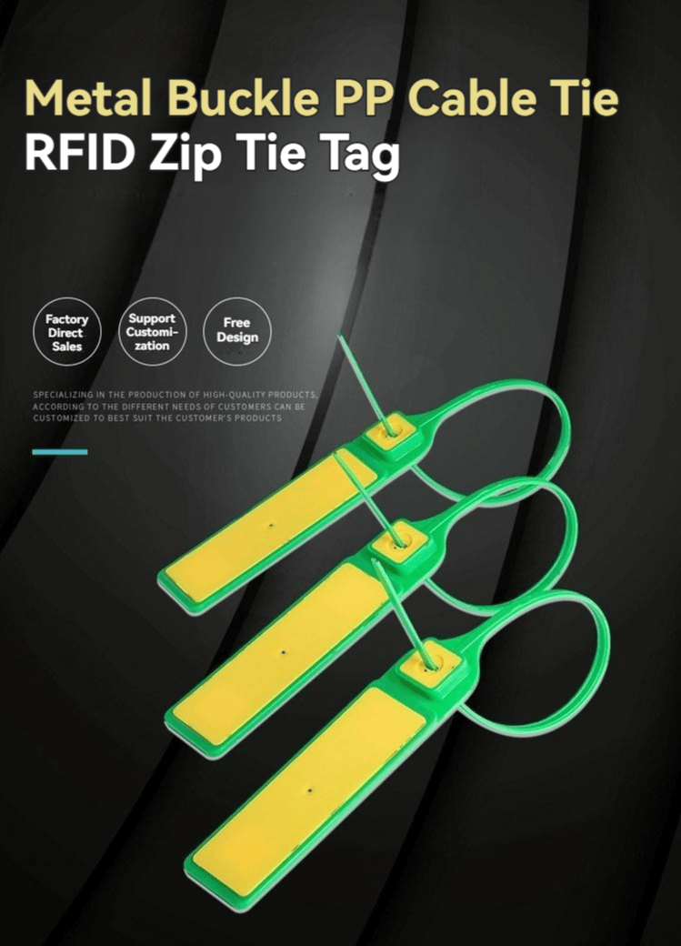 Pôster escuro apresenta o lacre RFID com abraçadeira modelo Z33230-2, personalização direta de fábrica e três tags com tiras fechadas em laço.