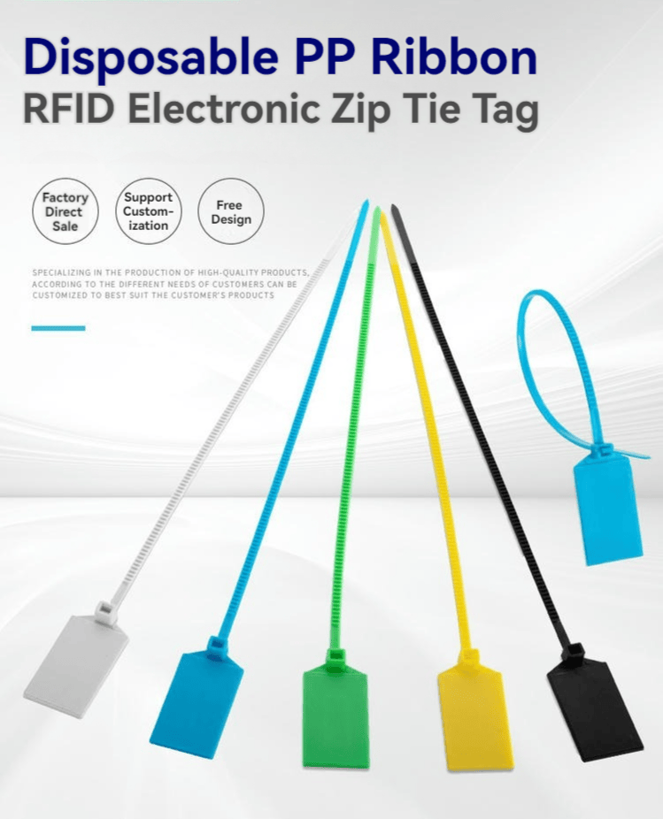 Apresentação da abraçadeira RFID modelo Z32827-1 em cinco cores, com destaque para as opções de personalização direta de fábrica.