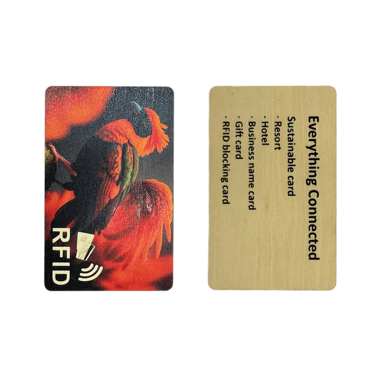 Cartões NFC RFID em madeira personalizados apresentados com layout de antena para aplicações de Cartões de Madeira.