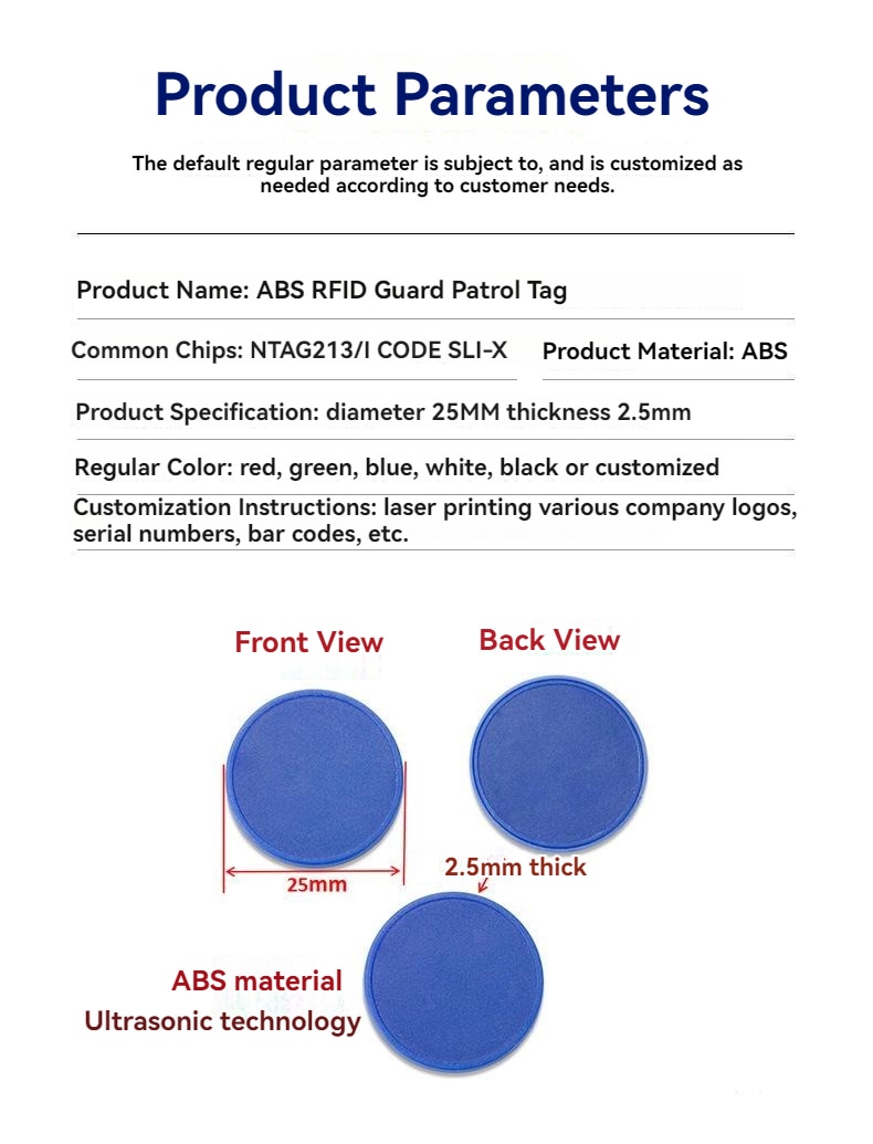 Diagrama técnico do tag RFID antimetal ABS25-3, mostrando a camada interna de ferrite para proteção contra interferências de superfícies metálicas.