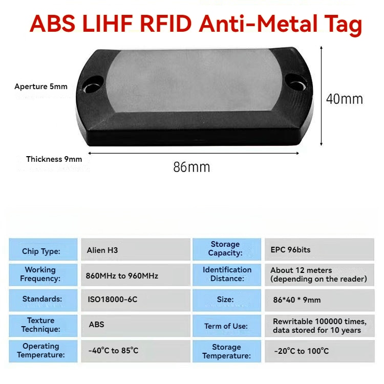 Foto de produto das etiquetas RFID ABS para metal aplicadas ao rastreamento de armazém e ativos industriais.