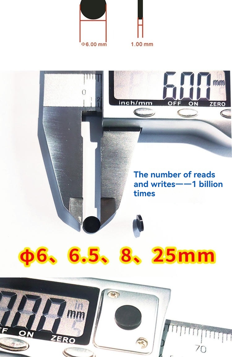 Gráfico de dimensões da microtag RFID compacta em PPS, com opções de 6 mm, 6,5 mm, 8 mm e 25 mm e exemplos de medição com paquímetro.