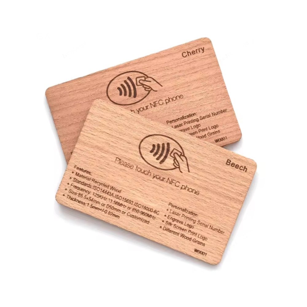 Cartões de Casamento em Madeira com RFID apresentados em vista frontal para aplicações em Cartões de madeira.