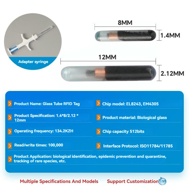 Um gráfico de especificações lista etiquetas RFID de tubo de vidro de 8 mm e 12 mm com modelos de chip EL8243 e EM4305 sob ISO11784 e ISO11785.