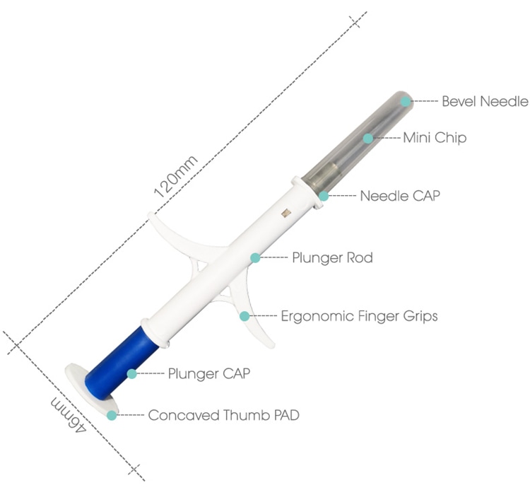 Diagrama de um injetor para microchip RFID, com identificação da agulha biselada, minichip, apoios para os dedos e dimensões gerais.