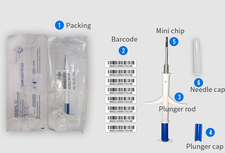 Guia de embalagem com etiquetas de código de barras, minichip, corpo da seringa e tampas que compõem o kit de microchip RFID para animais.