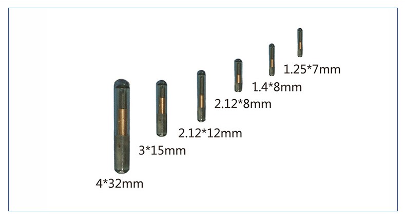 Tabela com microchips RFID de biovidro disponíveis em diferentes dimensões para diversas espécies e aplicações de identificação animal.